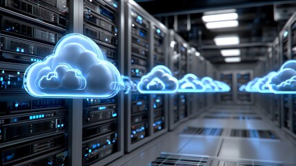 A modern data center featuring rows of server racks with digital cloud icons, representing cloud computing and data storage solutions, perfect for tech-related projects.