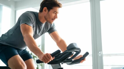 Fit male athlete rides an indoor cycling machine, maintaining concentration and determination during his workout. Modern fitness studio with large windows and natural daylight enhances the scene - Powered by Adobe