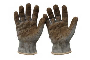 Dirty work gloves showing wear and tear from manual labor, ready for gardening or construction on transparent background