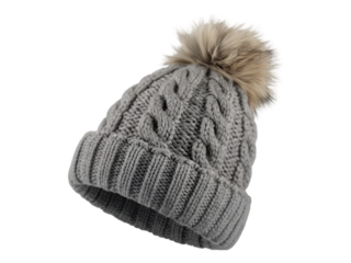 Stay warm and stylish this winter with a trendy gray knit beanie topped with a faux fur pom pom, perfect for adding a touch of cozy chic to any outfit