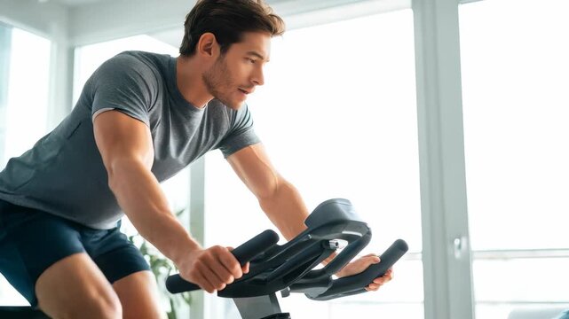 Fit male athlete rides an indoor cycling machine, maintaining concentration and determination during his workout. Modern fitness studio with large windows and natural daylight enhances the scene