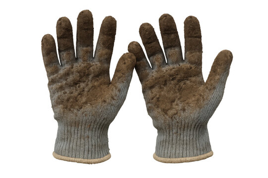 Dirty work gloves showing wear and tear from manual labor, ready for gardening or construction on transparent background - Powered by Adobe