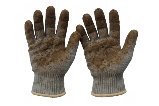 Dirty work gloves showing wear and tear from manual labor, ready for gardening or construction on transparent background