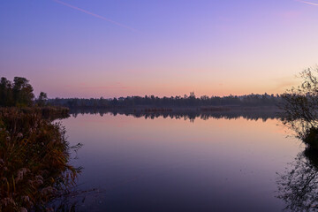 Fototapeta premium Tranquil Blue Hour: Purple Dawn Sky Reflected on Still Biesbosch Wetland Water
