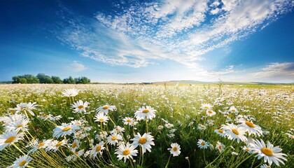 Gorgeous Background Of A Summer Field Covered With White Chamomile Flowers Under A Blue Sky With Clouds