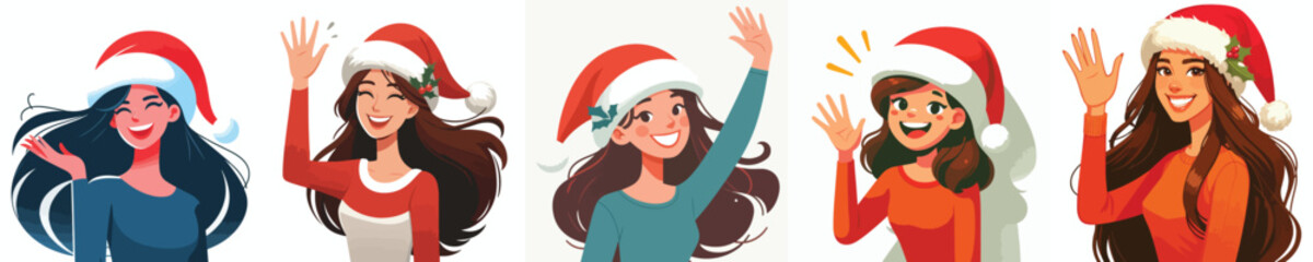 vector of a woman in a Christmas hat waving