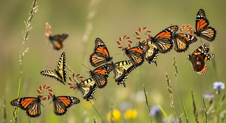 Monarch Butterflies Flying in Formation Above a Field of Wildflowers.