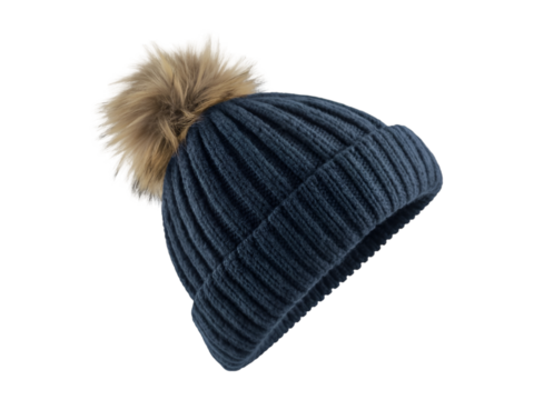 Stay cozy in style with this dark blue knit beanie, featuring a fluffy faux fur pompom for added flair on chilly days, perfect for outdoor adventures
