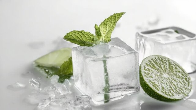 Frozen water cubes with green lime slices, fresh mint leaves and a slice of lemon on white surface for a cool summer drink.