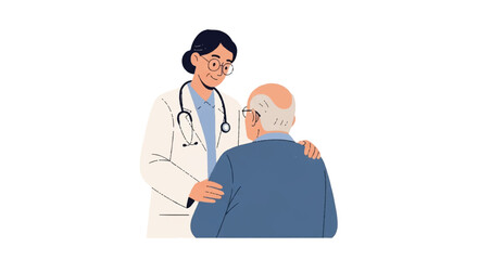 Fototapeta premium Supportive female physician consulting with a senior man, a compassionate healthcare vector illustration on a white background