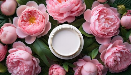 A White Cosmetics Jar On A Bed Of Soft Lush Pink Peonies Roses And Green Leaves 1
