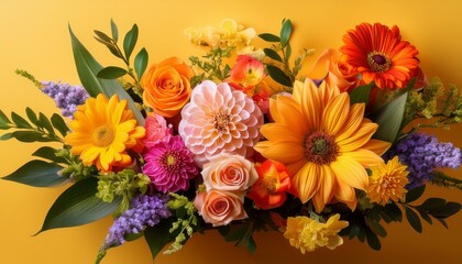Vibrant Floral Arrangement Against A Warm Yellow Backdrop