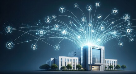 Modern Healthcare Building Connected to Digital Network of Medical Icons.