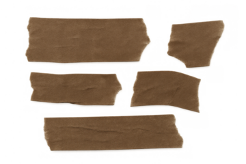 Brown adhesive tape pieces with torn edges on transparent background, adding texture and a secure feeling