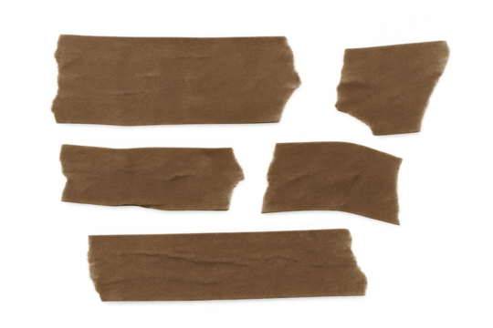 Brown adhesive tape pieces with torn edges on transparent background, adding texture and a secure feeling