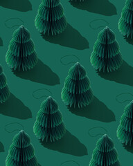 Paper Christmas tree Ornaments, hanging green New Year decorations. Minimal aesthetic holidays pattern, green monochrome design, repeated arrangement, top view background of craft winter xmas bauble