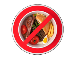 A bowl of mixed salad with vegetables and toppings, crossed out with a red prohibition sign symbolizing dietary restrictions