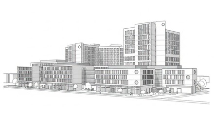 Modern Hospital Building Architectural Sketch Rendering.