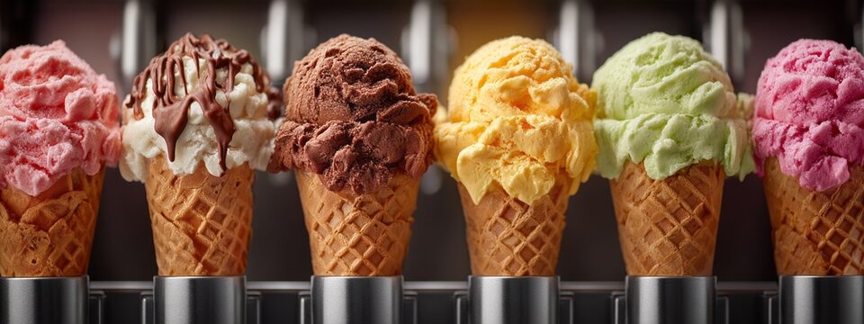 Brightly colored ice cream cones are dispensed from a multi-nozzle machine, showcasing delightful flavors that are perfect for cooling down on a sunny day. The scene captures the excitement of summer