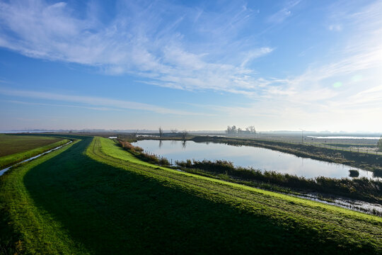 Bright Morning Sun Illuminates a Wide Green Grass Dike and Calm Water Basin in the Flat and Open Biesbosch Wetland Landscape, Netherlands