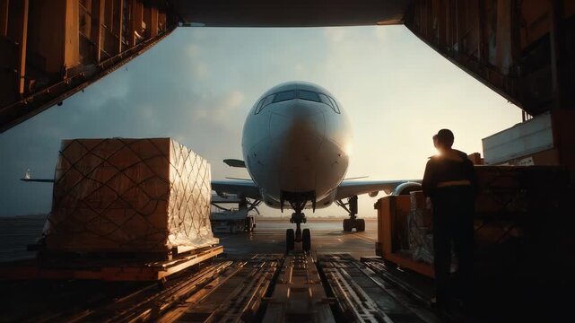 A large cargo aircraft is loaded with freight containers at an airport during sunrise, symbolizing worldwide shipping. The scene captures the essence of modern logistics and global trade efficiency