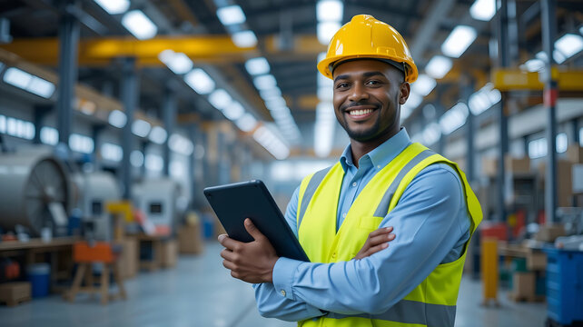 Confident Smiling African American Male Engineer or Factory Worker in Yellow Hard Hat and Safety Vest Holding Digital Tablet for Industrial and Manufacturing Concepts - Powered by Adobe