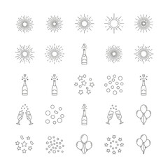 Celebration icons set, various party elements, festive design, outline style.