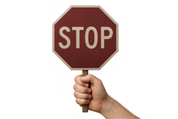 Hand holding stop sign displaying word stop, symbolizing prohibition, warning, alert, and control on transparent background