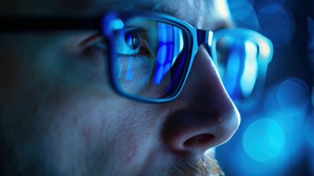 A man wearing glasses and working on a computer, with a focused expression.