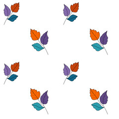 Seamless autumn pattern with colorful leaves in modern flat design. Bright orange, purple, and teal foliage on white background. Perfect for fabric, wrapping, and seasonal decor.
