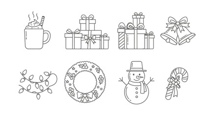 Naklejka premium Christmas Icons - Hot Chocolate, Gifts, Bells, Lights, Wreath, Snowman, Candy Canes.