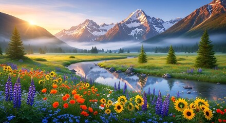 Mountain Meadow Sunrise Blooming wildflowers and river with stunning alpine scenery.