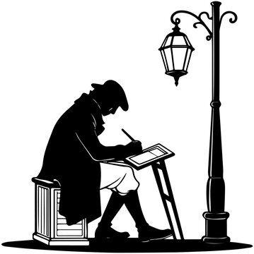 Silhouette of Historical Figure Writing Under Street Lamp &ndash; Vector Illustration