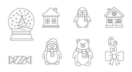Christmas themed line art illustrations of various festive objects.