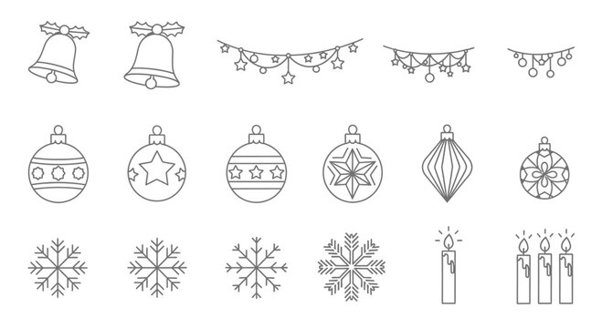 Christmas Ornaments and Decorations Line Art Collection.