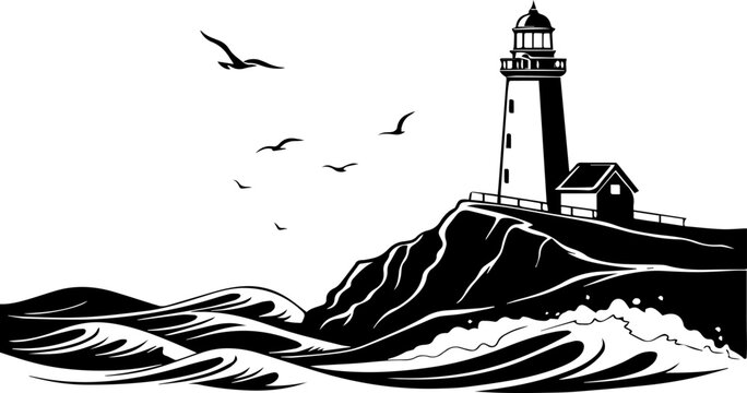 Silhouette of Lighthouse on Rocky Cliff with Crashing Waves &ndash; Vector Illustration