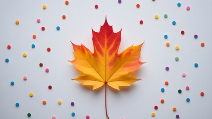 Autumn maple leaf with colorful confetti