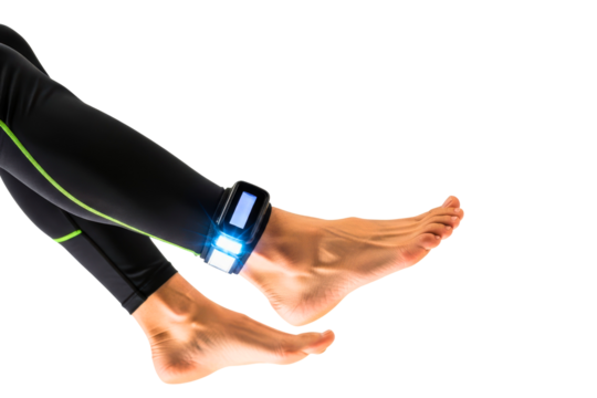 Woman wearing a futuristic glowing ankle monitor for fitness isolated on transparent background