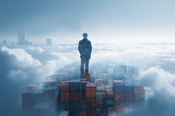 Silhouette of Businessman Standing Atop Stacked Shipping Containers Above Clouds