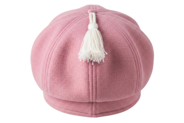Stylish pink knitted beret-style cap with a white tassel isolated on transparent background