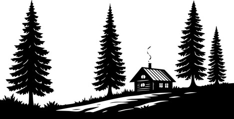 Obraz premium Silhouette of Cabin on Hill Surrounded by Pine Trees – Vector Illustration