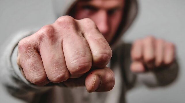 A man in a gray hoodie throws a punch with his fists clenched, knuckles forward, in a threatening gesture of aggression and violence