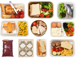 A variety of fresh and packaged food items arranged in a grid on a transparent background