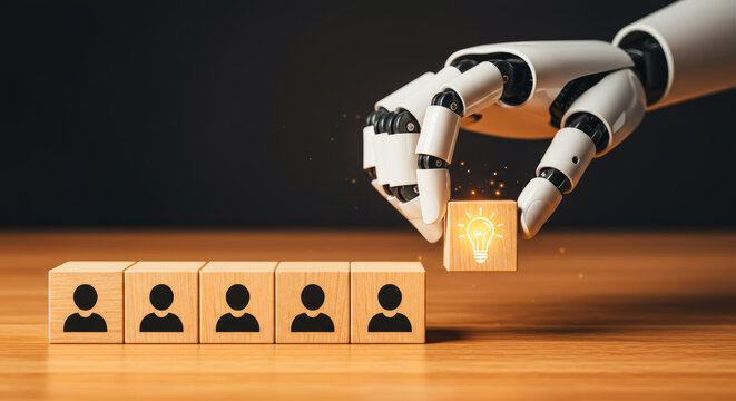 An innovative concept illustrates a robotic arm interacting with wooden blocks with human and lightbulb icons, symbolizing the fusion of technology and ideas in business.