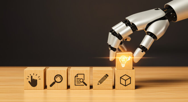 A robotic hand placing a glowing lightbulb block, symbolizing innovation and technological advancement, in a sleek, modern setting.