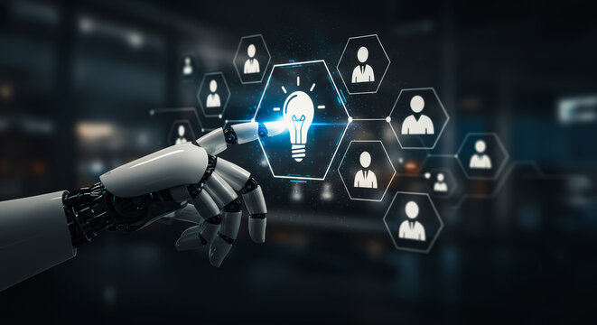 A robotic hand points towards an illuminated lightbulb icon representing innovative thinking within a network of connected human figures. - Powered by Adobe