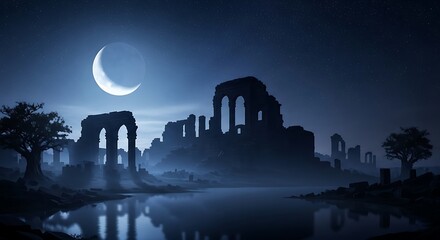 Mysterious ruins under crescent moon at night with serene water, and dark fantasy landscape.