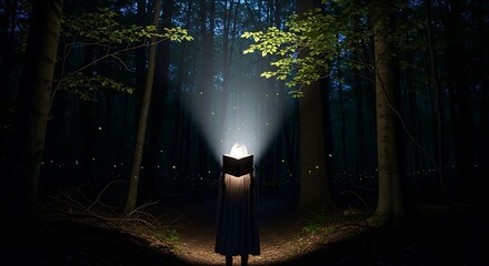 Mystic Forest Reader with Glowing Book with Enchanted Woods, Magic, Mystery, and Fairytale.
