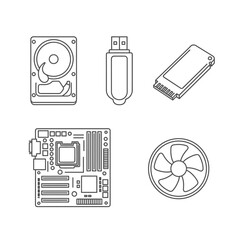 Computer Hardware Components - Motherboard, Hard Drive, SSD, USB, and Fan.