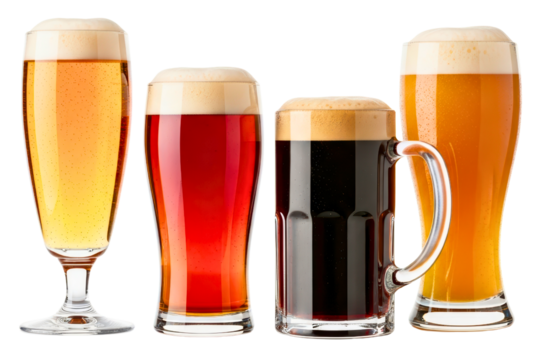 Assortment of different craft beers in glasses with foam heads isolated on transparent background